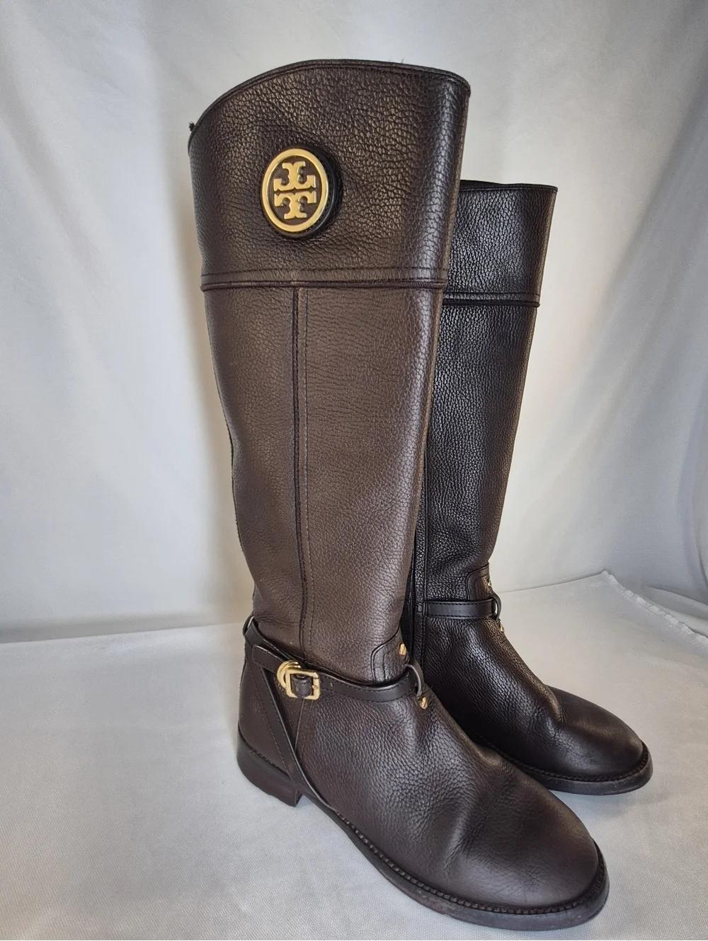 Tory Burch Teresa Women's 9M Riding Boots Brown Pebbled Leather Gold Ligo Buckle